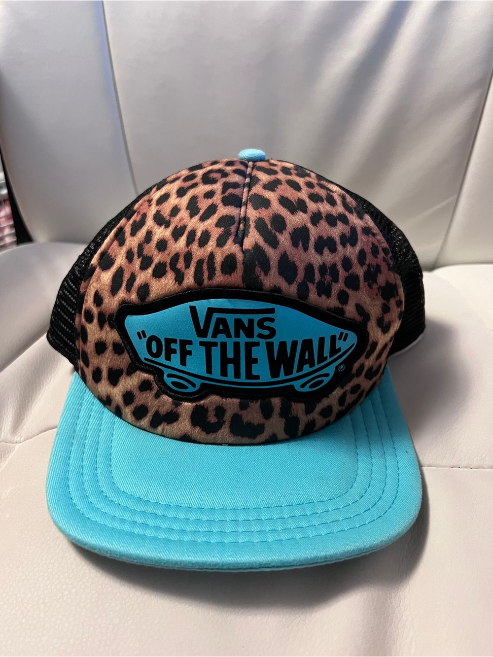 Vans Leopard Print Trucker Hat with Aqua Brim